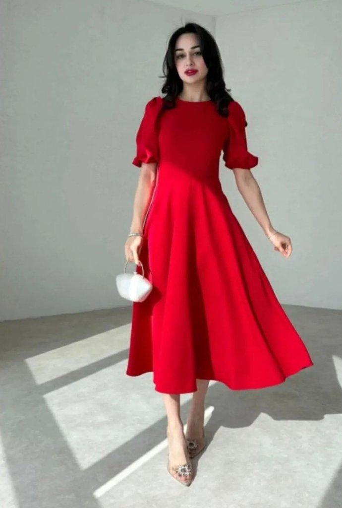 Women's Short Puff Sleeve Crew Neck Loose Fit Shimmer Crepe Dress
