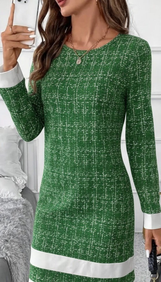 Women's Long Sleeve Round Neck Mini Woven Dress with Hem Stripe Detail