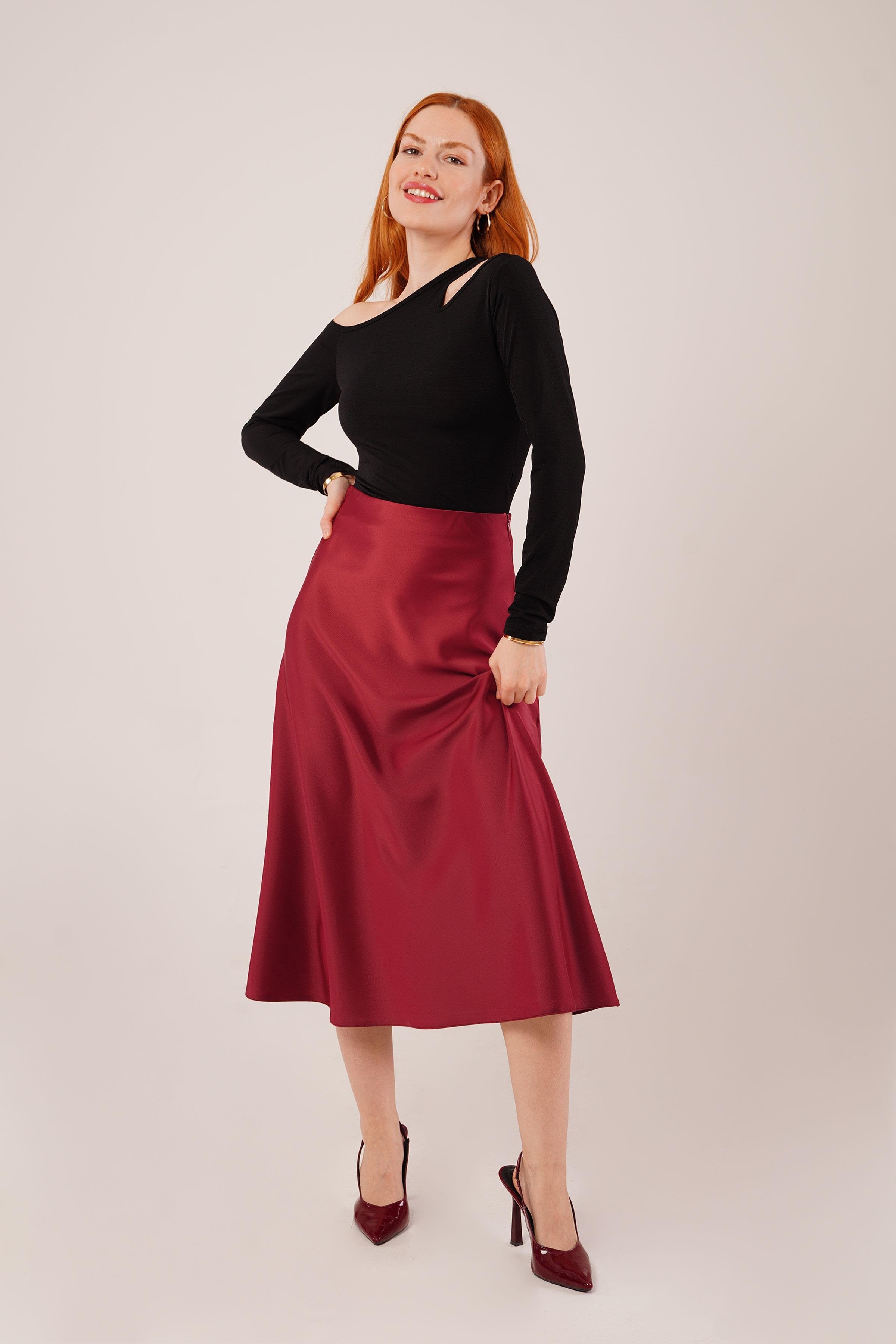 Bell-Cut Midi Burgundy Satin Skirt