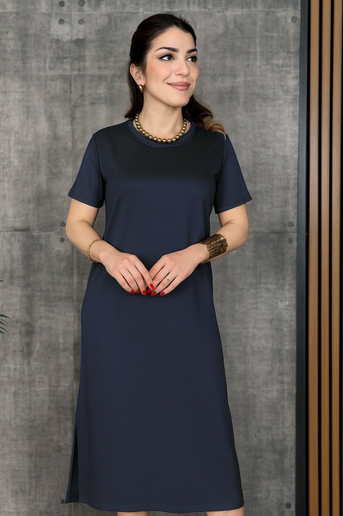 Women's Short Sleeve Crew Neck Slit Viscose Double-Ply Dress
