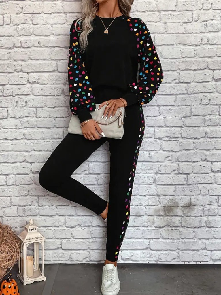 Women's Long-Sleeved Crew Neck Patterned Viscose Two-Thread Blouse and Trousers Two-Piece Set