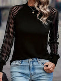 Women's Long Sleeve Tulle Detail Crew Neck Ribbed Blouse