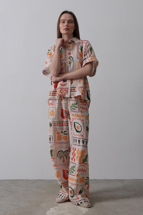 Printed Short Sleeve Trousers Set - Stone-Orange