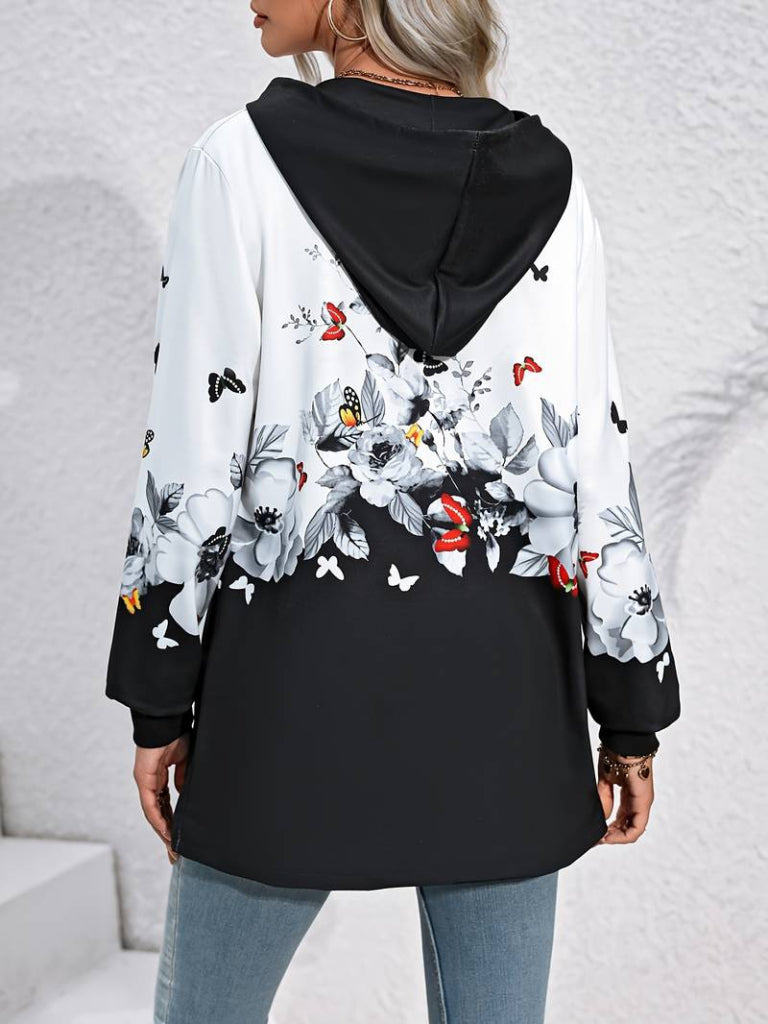 Women's Long Sleeve Hooded Zippered Floral-Butterfly Patterned Brushed Scuba Jacket