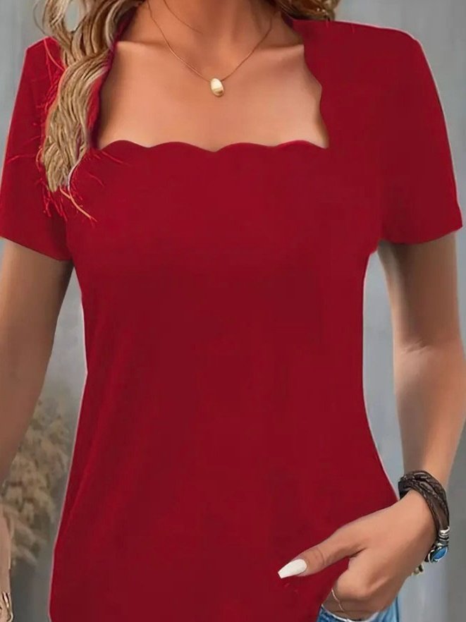 Women's Short Sleeve Square Laser Cut Collar Janjan Crepe Blouse