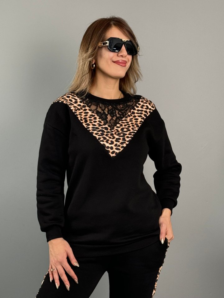 Women's Three-Thread Fabric Leopard Print Lace Detail Two-Piece Set
