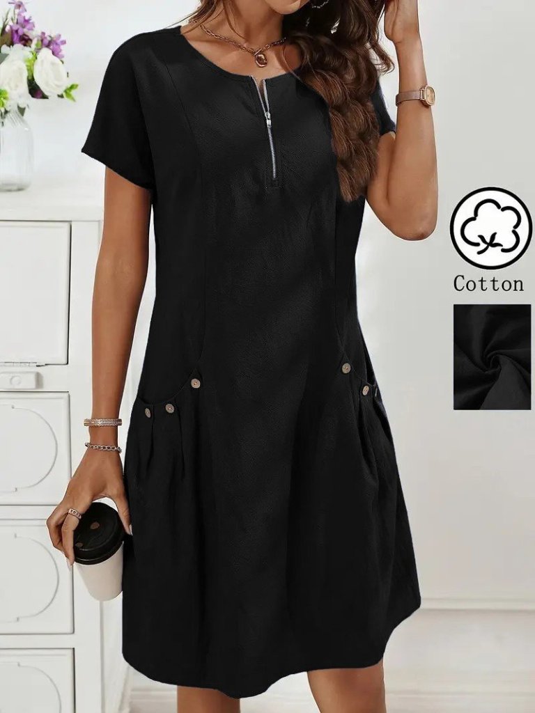 Women's Short Sleeve Open Collar Zipper Pocket Detail Imported Linen Dress