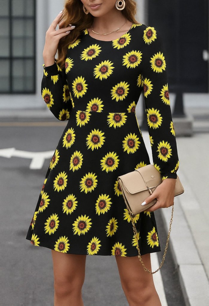Women's Long Sleeve Crew Neck Patterned Short Crepe Dress