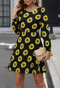 Women's Long Sleeve Crew Neck Patterned Short Crepe Dress
