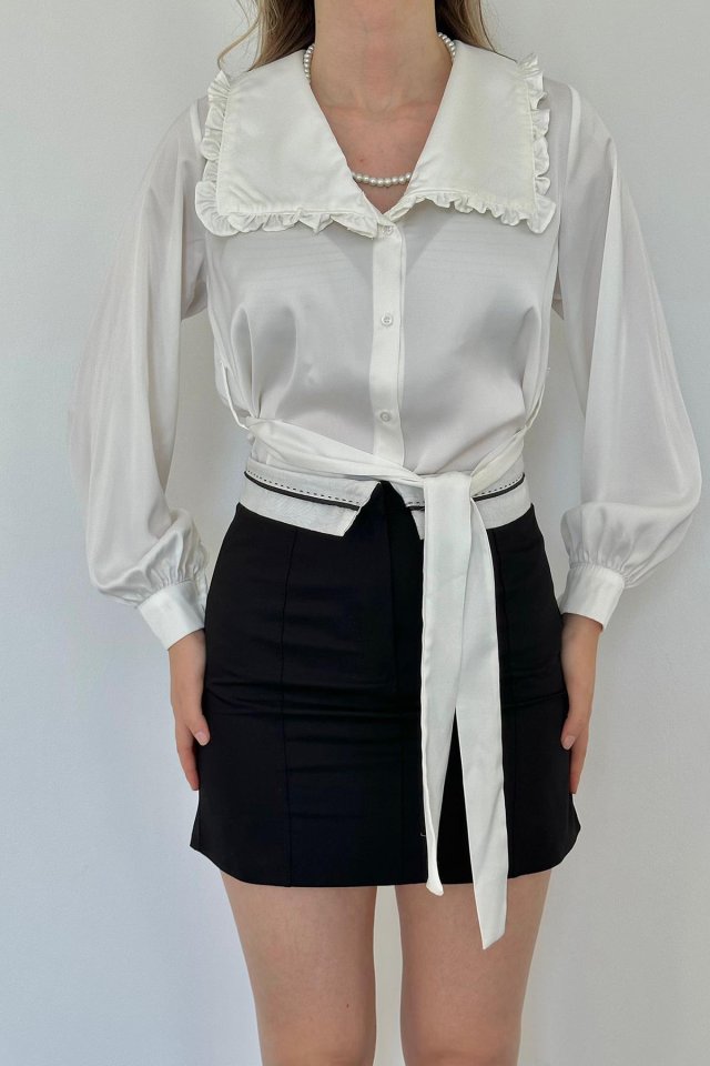 White Ruffle Collar Belted Satin Shirt