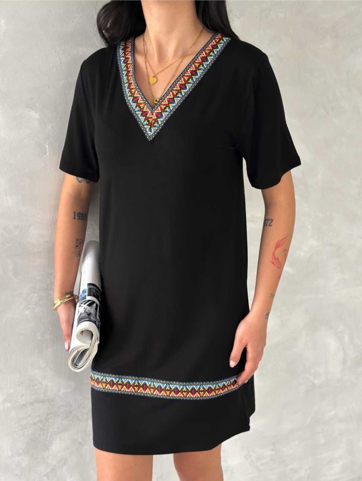 Kadın Kısa Kollu V Yakalı Etnik Desen şerit Detaylı Viskon Elbise