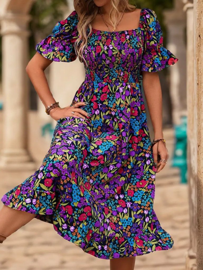 Women's Short Sleeve Square Neck Elastic Waist Floral Print Mini Supima Dress