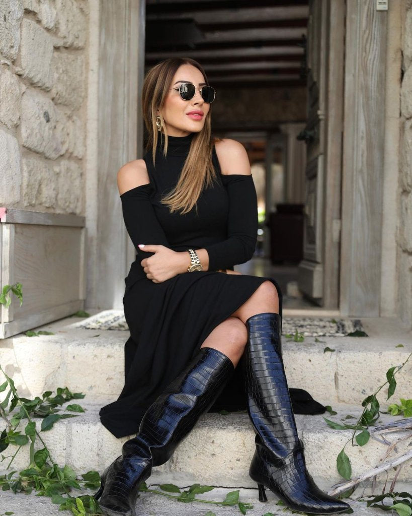 Women's Turtleneck Off-Shoulder Long Sleeve Iridescent Crepe Dress