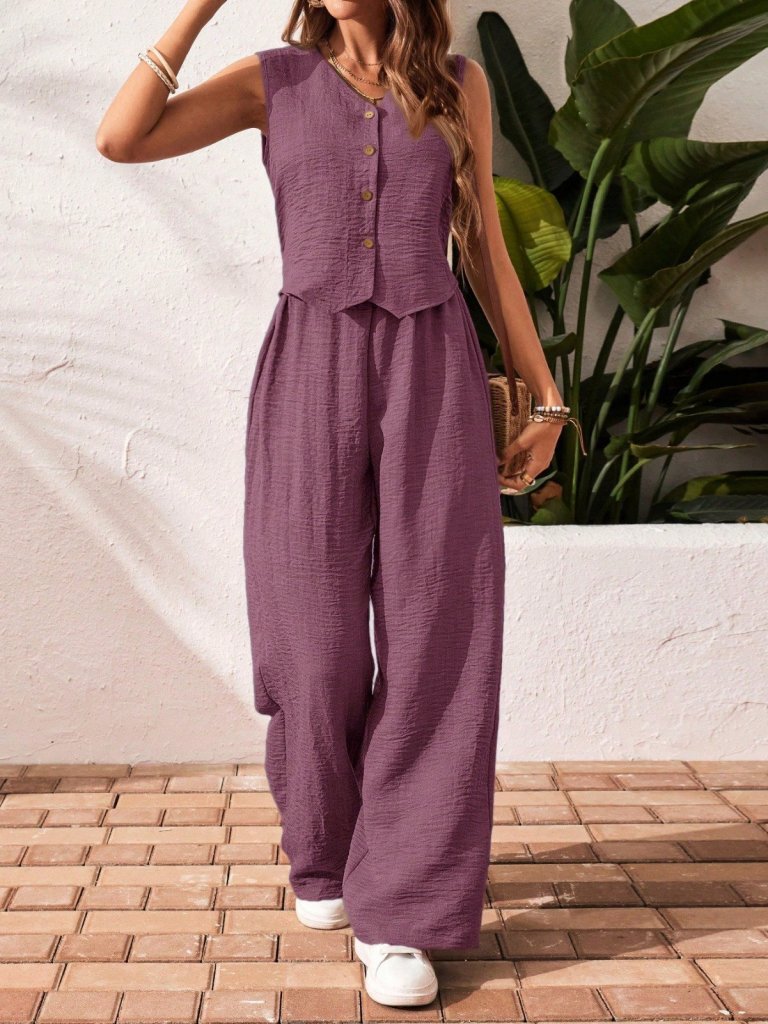 Women's Sleeveless Button-Up Vest and Wide-Leg Pants Crinkle Two-Piece Set