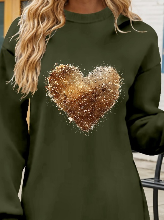 Women's Long-Sleeved Crew Neck Heart Pattern Viscose Two-Yarn Blouse