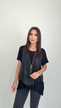 Women's Short-Sleeve Round Neck Viscose Blouse + Sleeveless Zippered Crackled Leather Vest