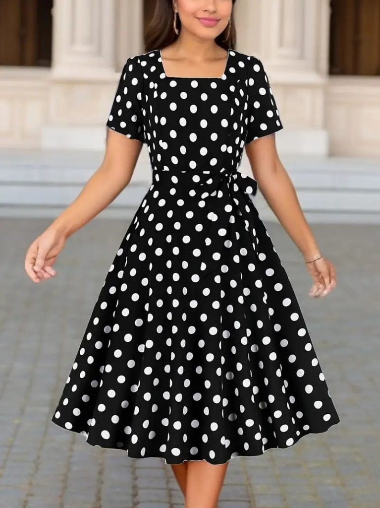 Women's Short Sleeve Geometric Neckline Polka Dot Flared Midi Jersey Dress