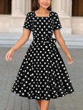Women's Short Sleeve Geometric Neckline Polka Dot Flared Midi Jersey Dress
