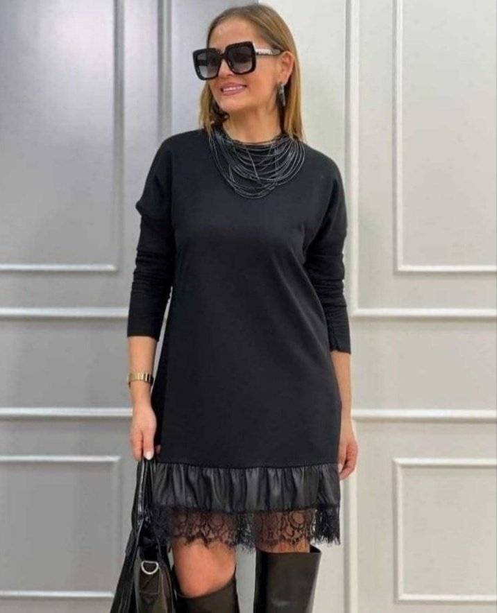 Women's Long Sleeve Crew Neck Viscose Two-Ply Midi Dress with Faux Leather Lace Hem