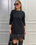Women's Long Sleeve Crew Neck Viscose Two-Ply Midi Dress with Faux Leather Lace Hem