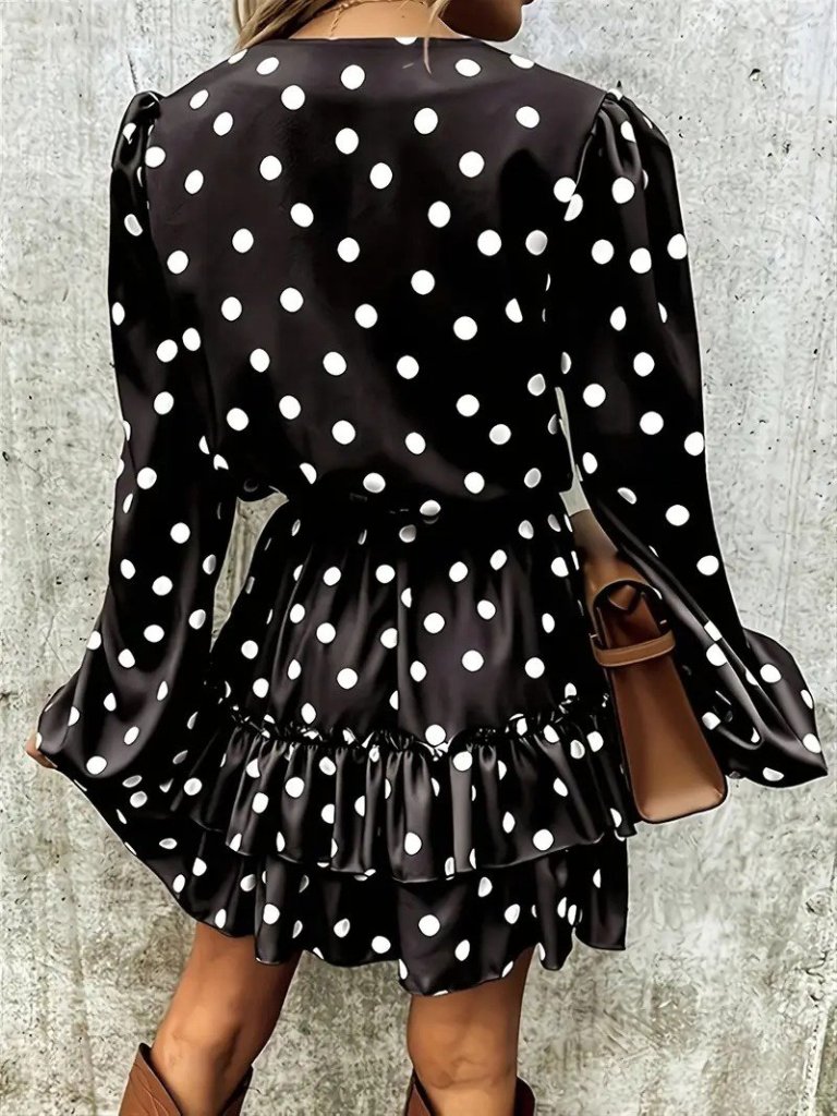 Women's Long Sleeve V-Neck Belted Polka Dot Mini Modal Dress