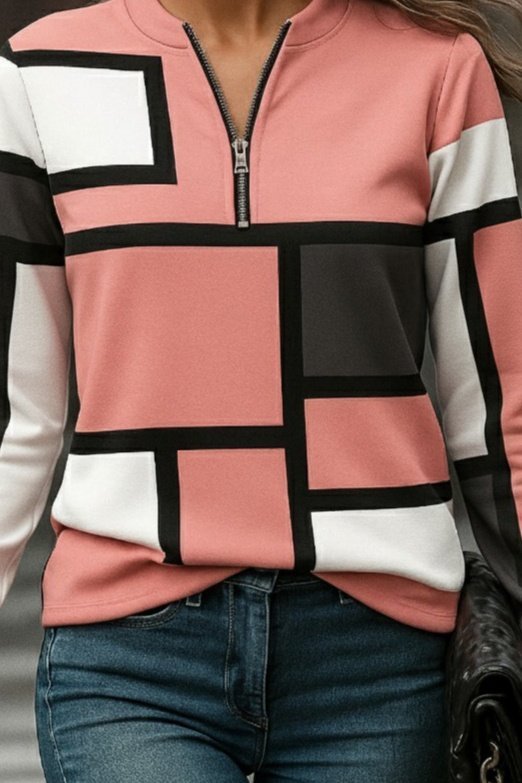 Women's Long-Sleeve Patterned Scuba Blouse with Quarter-Zip Collar