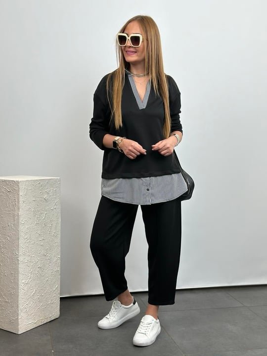 Two-Piece Set with Polo Collar Shirt and Loose Balloon Trousers