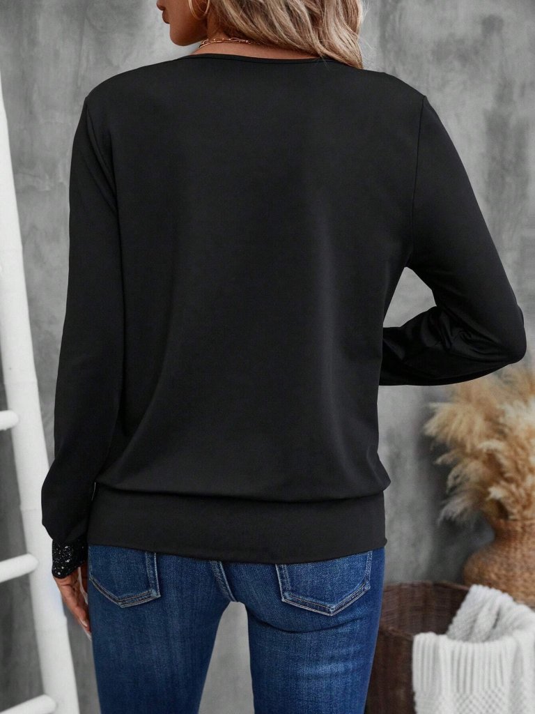 Women's Long Sleeve V-Neck Blouse with Inner Jersey Pattern and Outer Viscose
