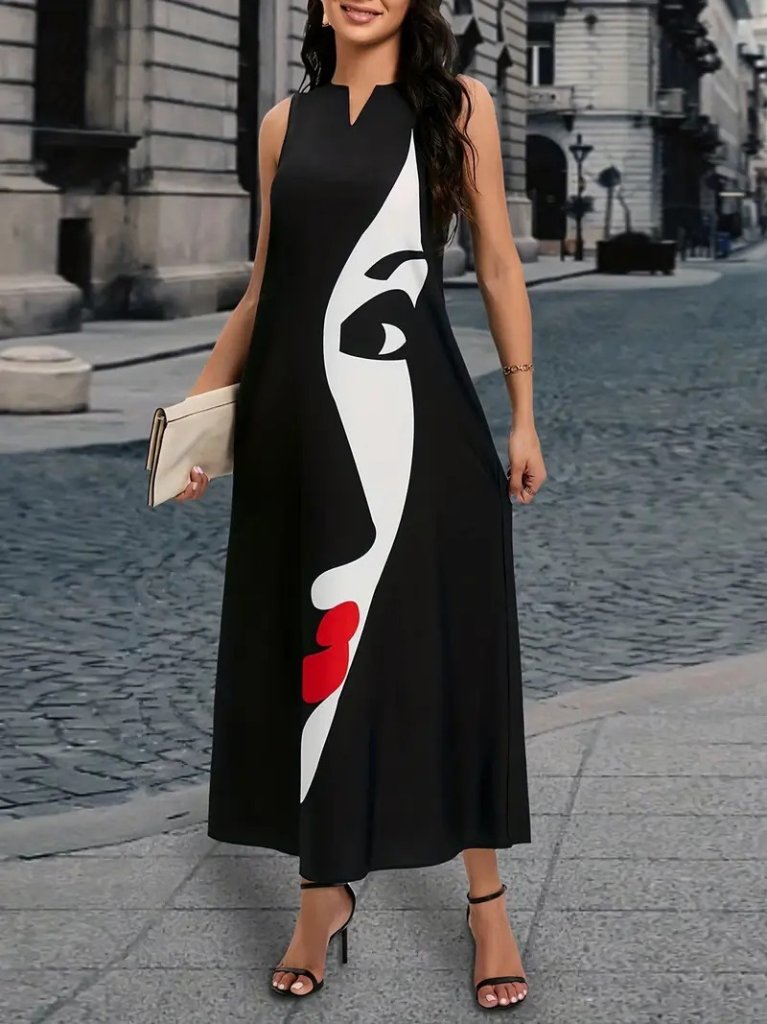 Women's Sleeveless V-Neck Women's Face Patterned Interlock Dress