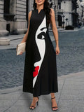 Women's Sleeveless V-Neck Women's Face Patterned Interlock Dress