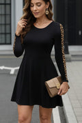 Women's Long Sleeve Crew Neck Leopard Detail Two-Thread Mini Dress