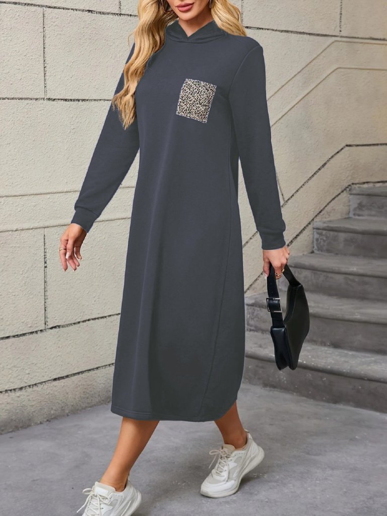 Women's Long Sleeve Hooded Pocket Detailed Viscose Double Yarn Maxi Dress