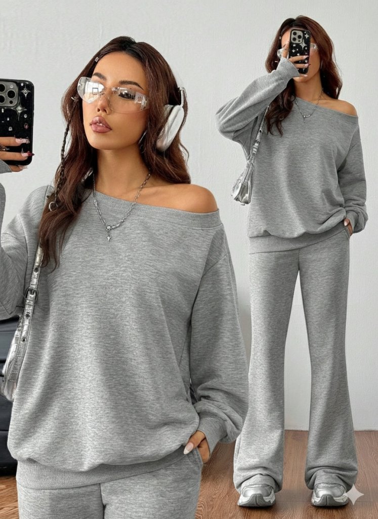 Women's Long Sleeve One Shoulder Cut-Out Two-Yarn Blouse and Pants Two Piece Set