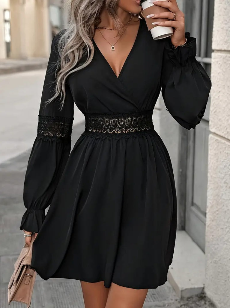 Women's Long Sleeve Wrap Collar Lace Detail Zipper Detail Short Imported Crepe Dress