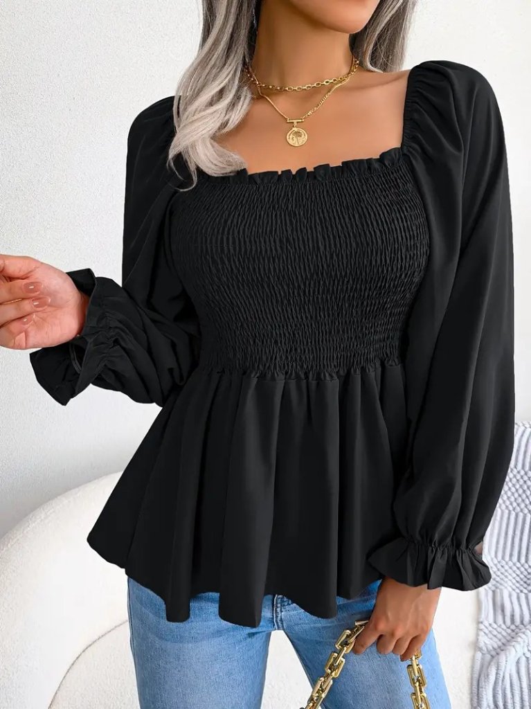 Women's Long Sleeve Geometric Collared Crêpe Blouse with Shirring Detail