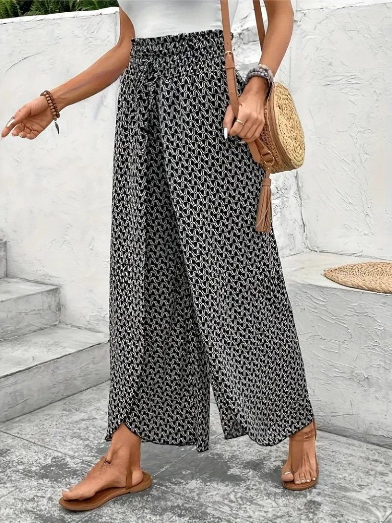 Women's High Waisted Elasticated Two-Piece Front Patterned Crepe Trousers