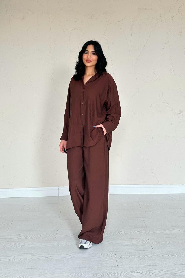 Brown Alice Shirt and Wide-Leg Pants Set