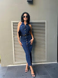 Women's Button-Detailed Belted Backless Denim Dress