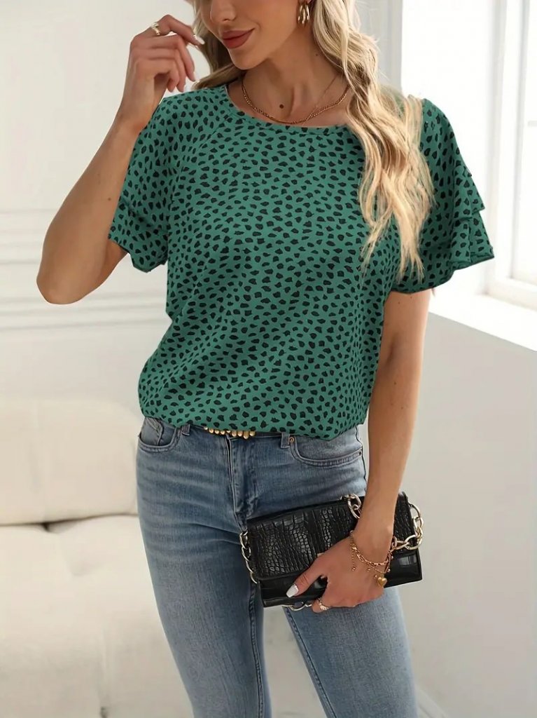 Women's Short Sleeve Flounced Printed Supreme Blouse