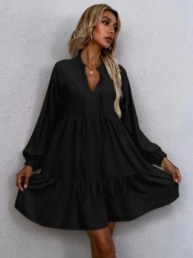 Women's Long Sleeve Tie-Neck Ruffled Linen Mini Dress