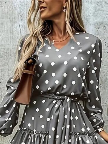 Women's Long Sleeve V-Neck Belted Polka Dot Mini Modal Dress