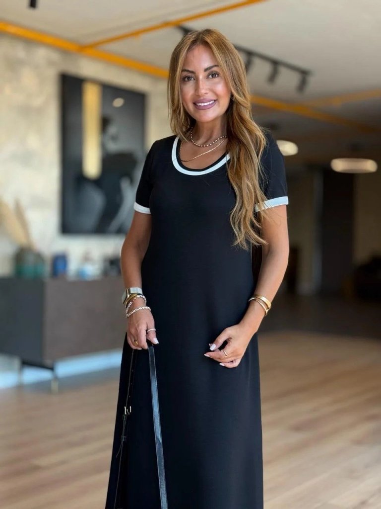 Women's Short Sleeve Crew Neck Side Slit Midi Viscose Dress