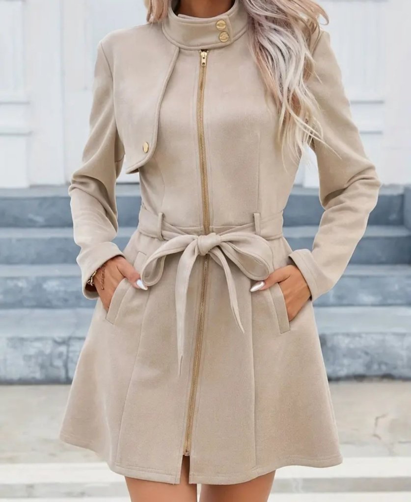 Women's Long-Sleeved, Button-Neck, Zippered, Belted Suede Jacket