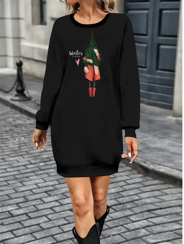 Women's Long Sleeve Crew Neck Patterned Short Viscose Double Thread Dress