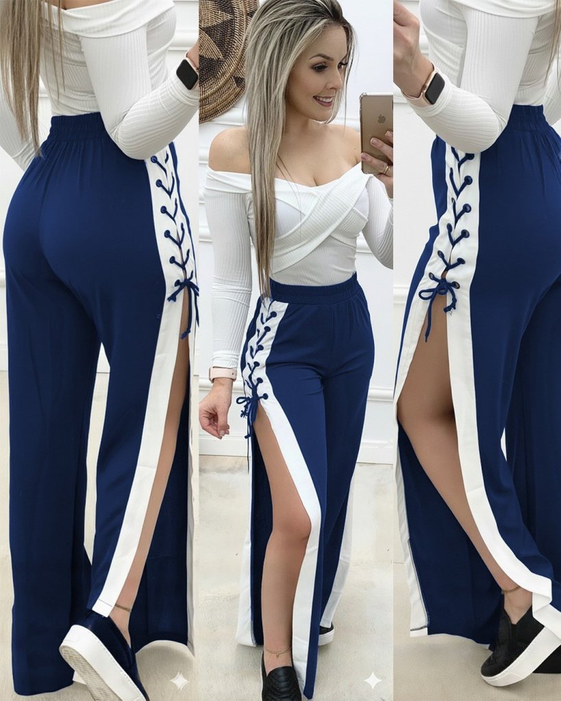 Women's High Waisted Side Crossover Lace-Up Slit Viscose Double Thread Trousers