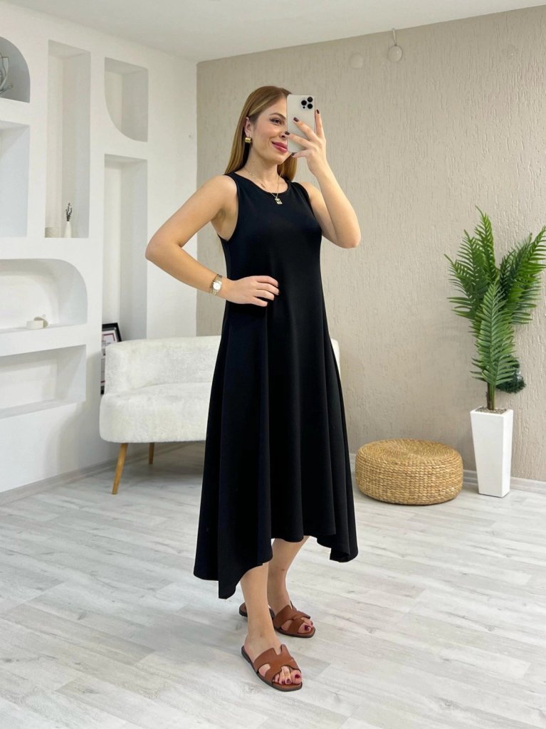 Women's Strappy Round Neck Asymmetrical Cut Viscose Dress