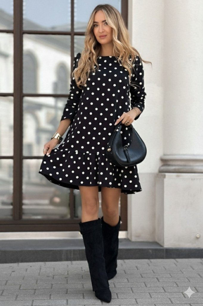Women's Long Sleeve Crew Neck Ruffled Polka Dot Short Modal Dress