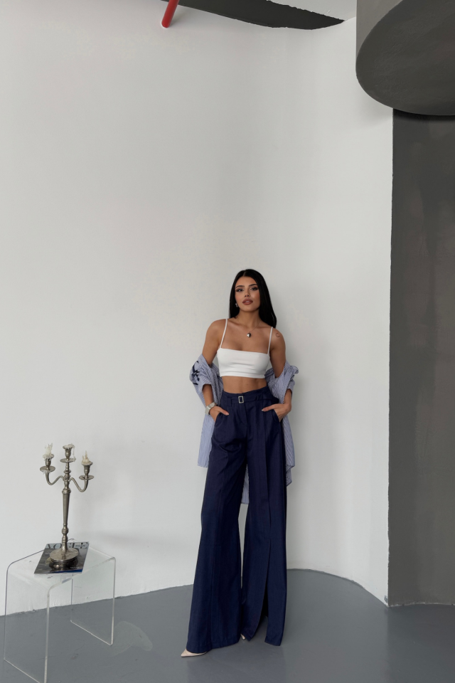 LOOSE-FIT TROUSERS WITH FRONT SLIT DETAIL AND WAIST BELT - Navy Blue