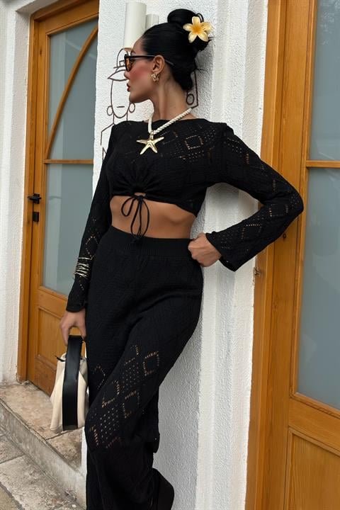 Eyelet Lace-Up Bodice Blouse and Pants Set 10098