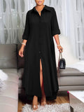 Women's Long Sleeve Collared Button-Front Long Woven Dress